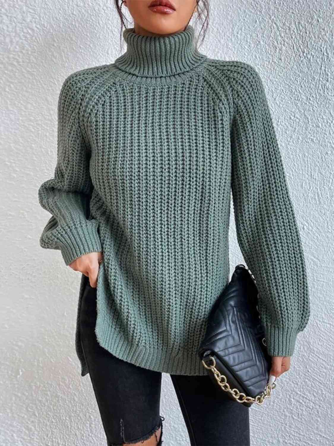 Full Size Turtleneck Rib-Knit Slit Sweater – Lula Styles